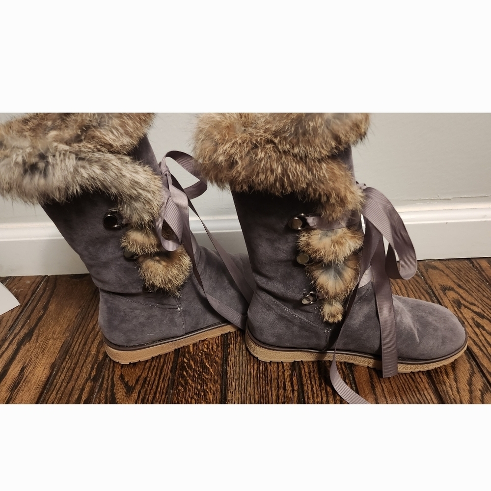 Handmade Cinnabelle Rabbit Fur and Suede Leather Lace up Boots - Picture 8 of 10
